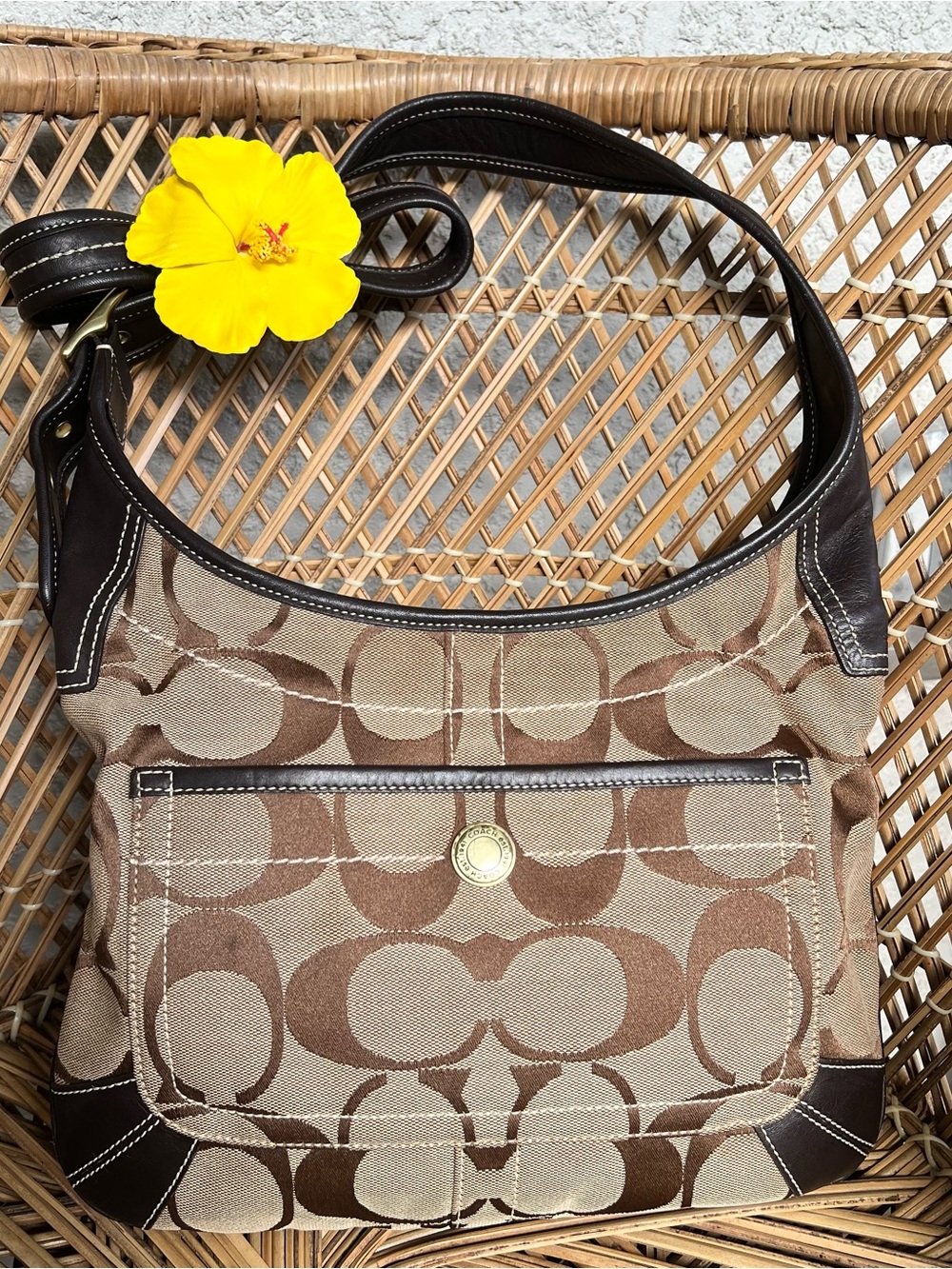 Vintage Coach Brown Signature C Jacquard hobo shoulder bag leather trim 10768